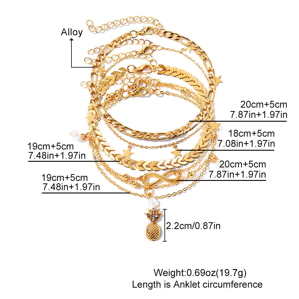 Wholesale Retro Beach Pineapple Pearl Layered Anklet Set For Women Fashion Jewelry Accessory Gift