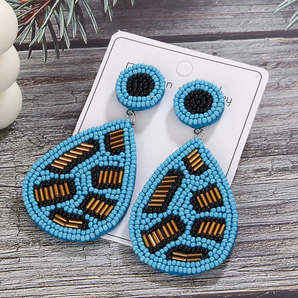 Wholesale Vintage Teardrop Shape Leopard Print Earrings Handmade Woven Bohemian Earrings ACC-ES-ManT016