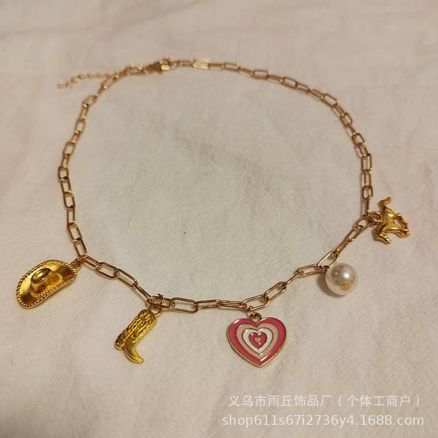 Wholesale Western Cowboy Boots Hat Layered Oil Drop Love Heart Paper Clip Necklace