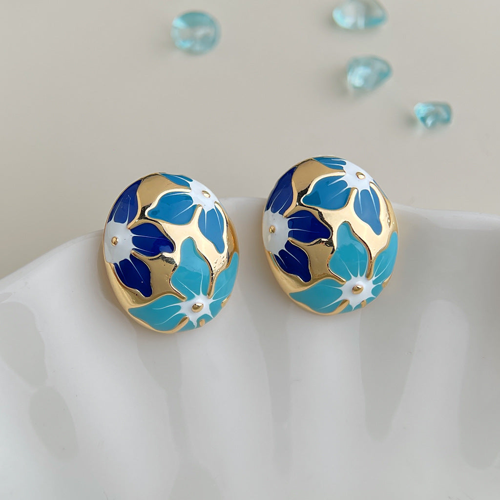 Wholesale Copper Blue Enamel Drip-Glazed Flower Earrings,  Fresh Floral Pearl Studs,  Fashion Accessory