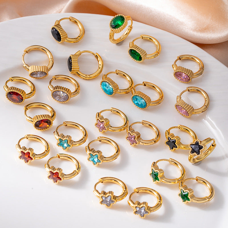 Wholesale Titanium Steel Star Earrings with Emerald and Crystal Zircon - Retro Design for Everyday Wear Jewelry Accessory