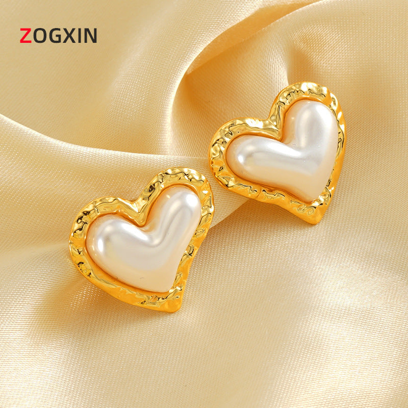 Wholesale Titanium Steel  irregular fashion pearl earrings retro high sense love simple  earrings