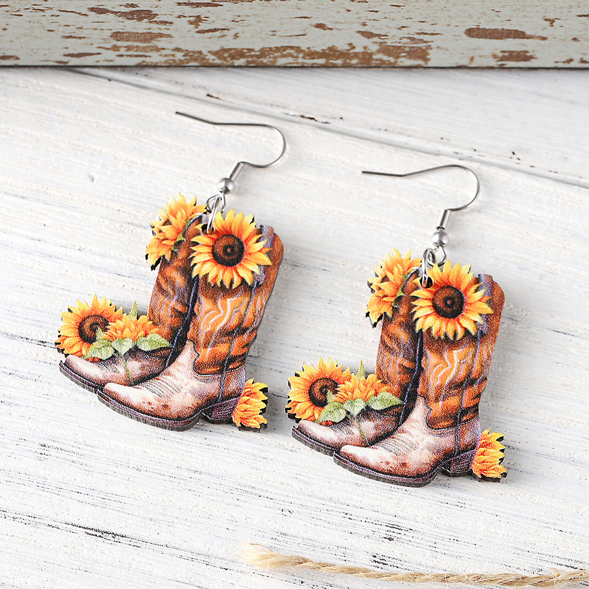 Wholesale  Western  Sunflower Flower Denim Boots Pendant Earrings