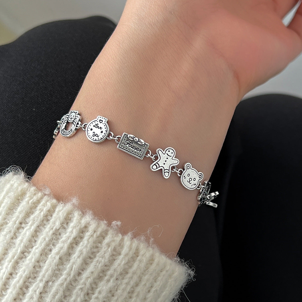 Wholesale 925 Graffiti Gingerbread Man Bear Sterling Silver Bracelet