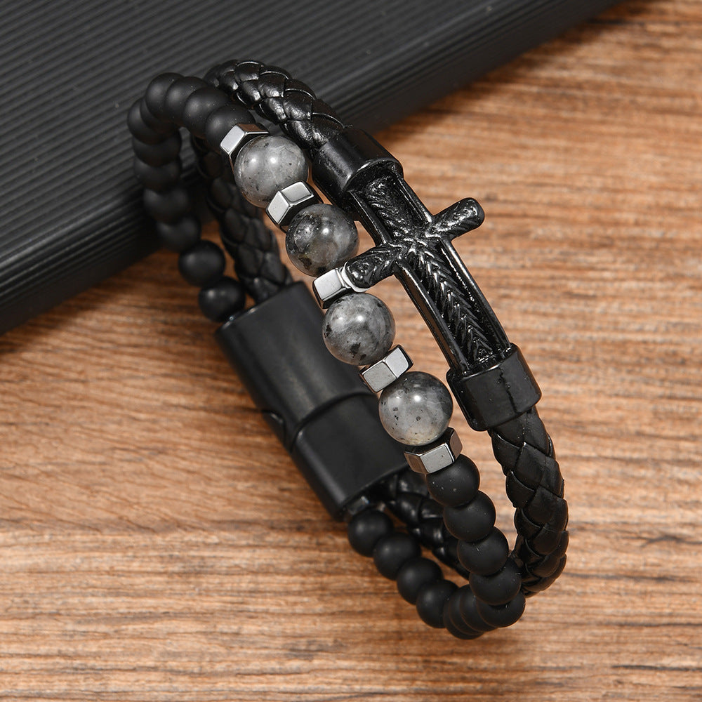 Wholesale Punk Natural Stone Beaded Cross Vintage Men' s Leather Bracelet