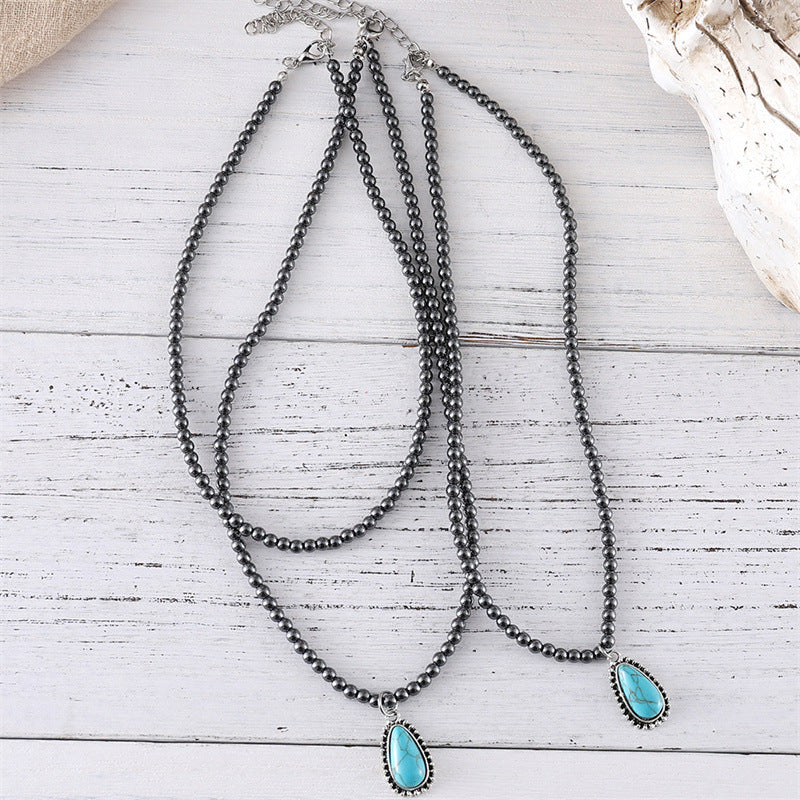 Wholesale Zinc Alloy Bohemian Teardrop Turquoise Black Bead Necklace Jewelry Accessory