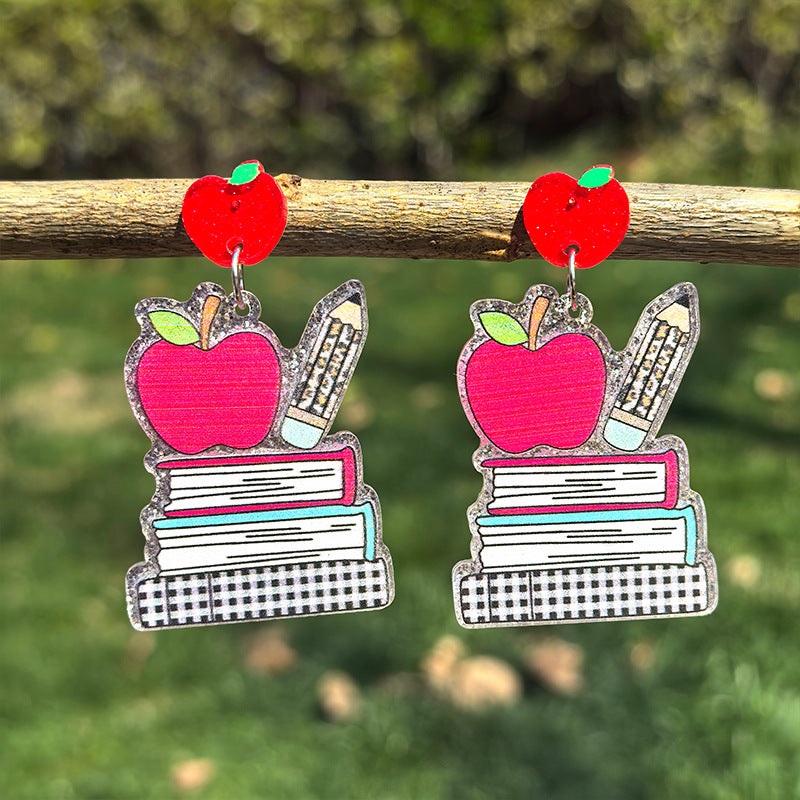 Wholesale  Teachers' Day Acrylic Earrings Pencil Apple Books Single-sided Glitter Earrings