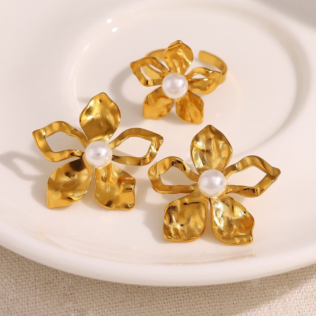 Wholesale  Titanium Steel  Flower Pearl Earrings Rings