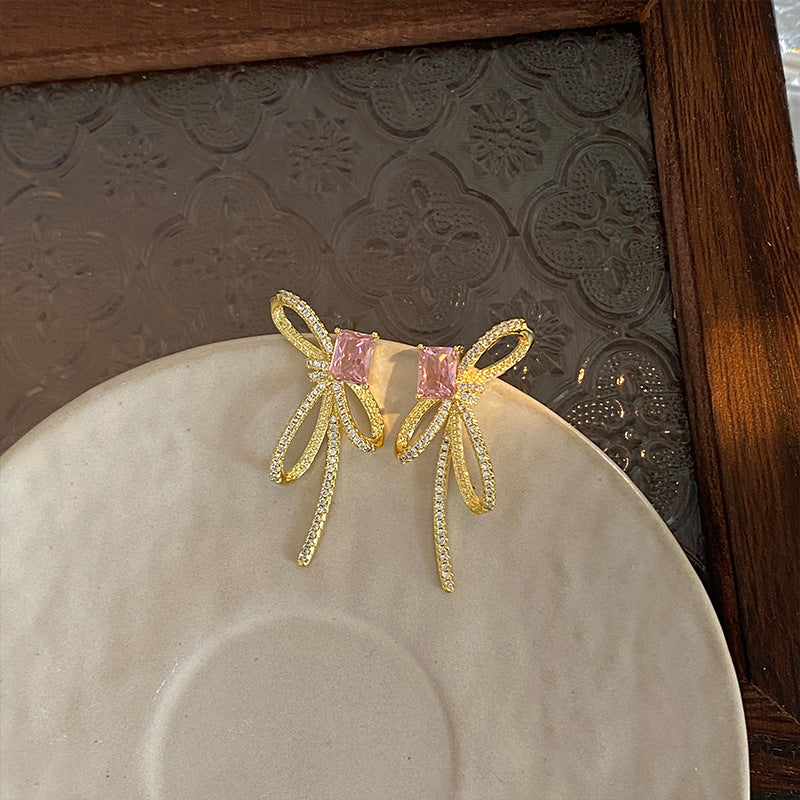 Wholesale Light Luxury Pink Bow Super Shiny Earrings ACC-ES-NingKa003
