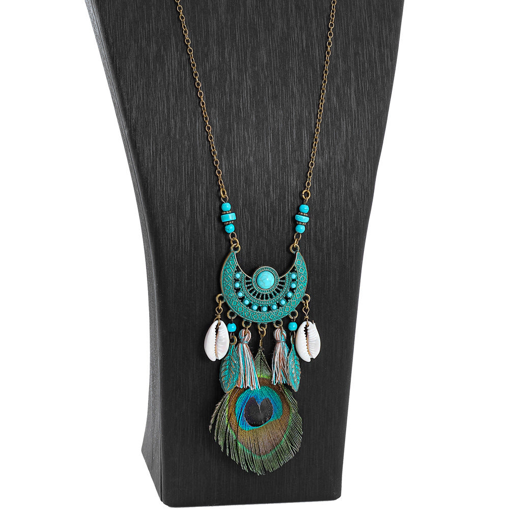 Wholesale Peacock Feather Geometric Long Necklace,  Handmade Shell Pendant Jewelry Accessory