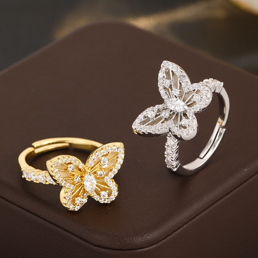 Wholesale Chic Butterfly Star Open Ring Gold Tone Adjustable Zircon Copper Alloy Jewelry Accessory Gift