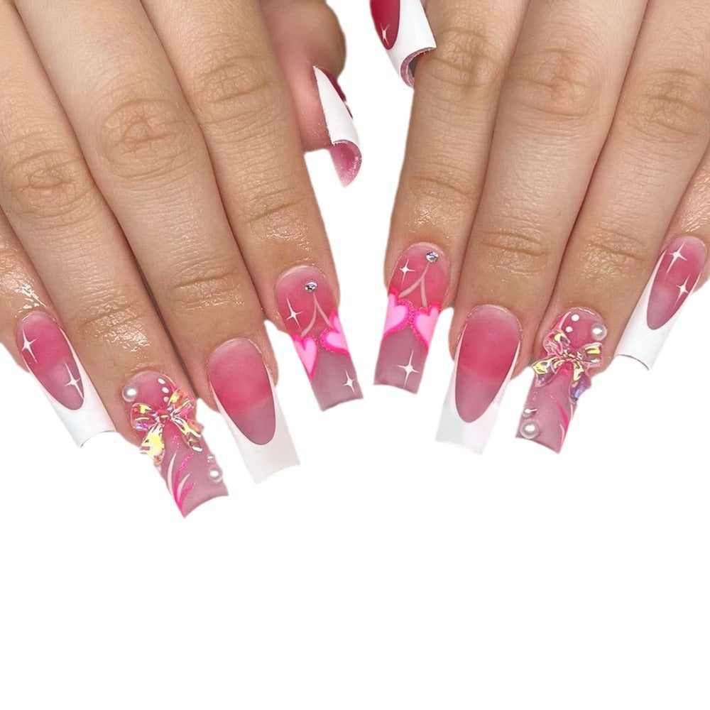 Wholesale 24 Pieces/box Pink Gradient Bow Press-on Nails Kits Nail Stickers ACC-NS-SanWei005