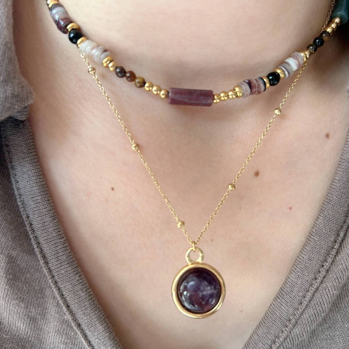 Wholesale Natural Stone Beaded Necklace Natural Amethyst Pendant Love Stainless Steel Necklace