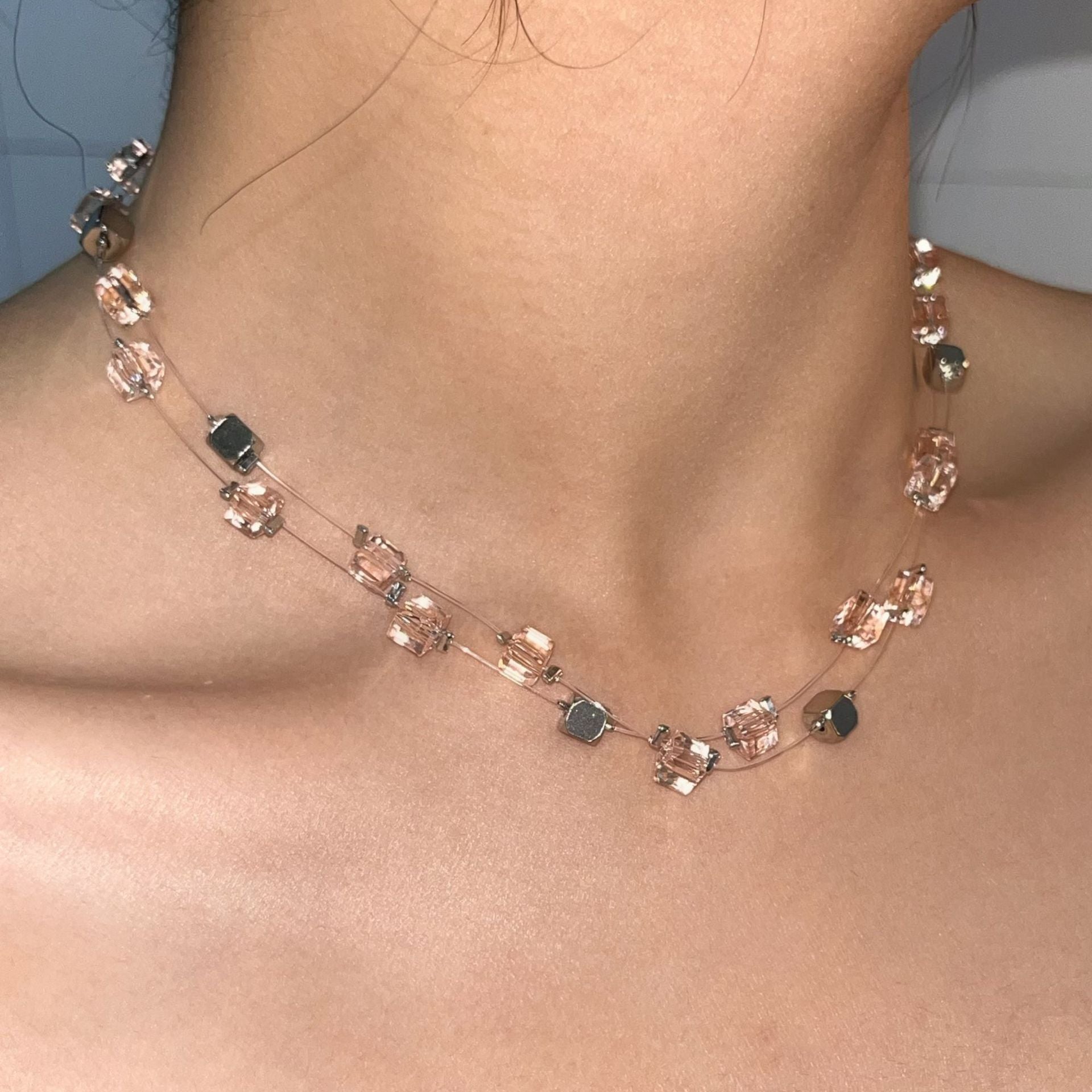 Wholesale Dopamine necklace beaded blue pink square sweater chain