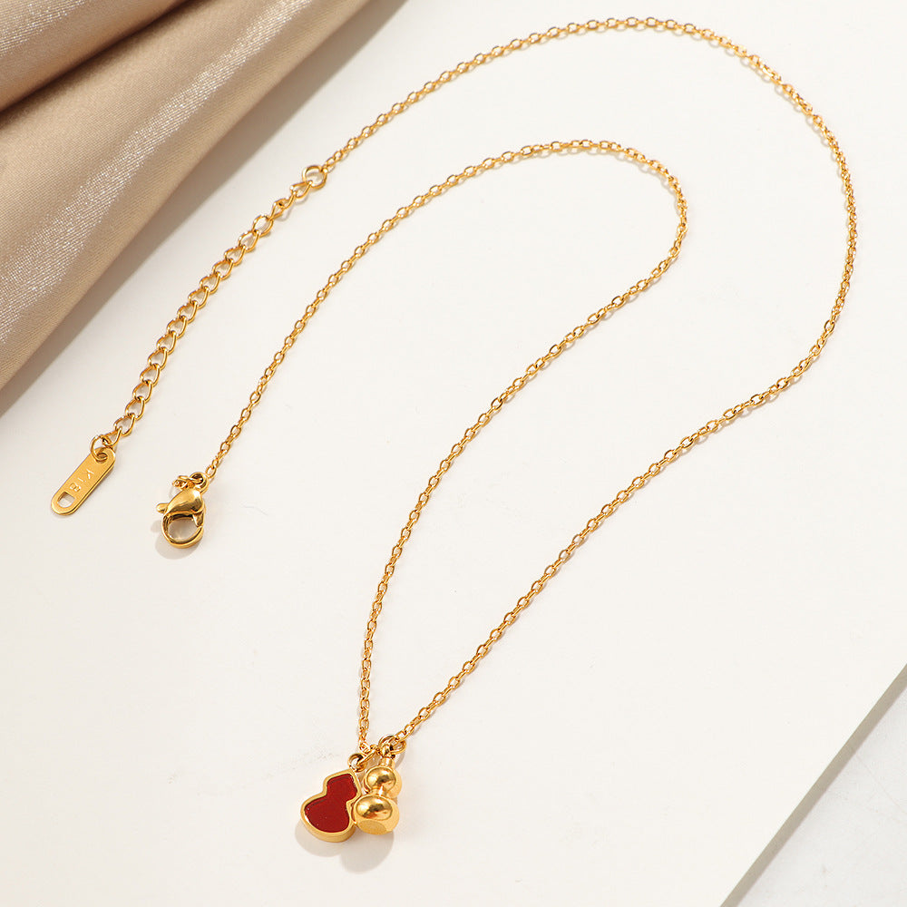 Wholesale Light Luxury High-End Red Gourd Necklace,  Retro Chinese Style Red Enamel Gourd Pendant,  Super White Clavicle Chain Necklace