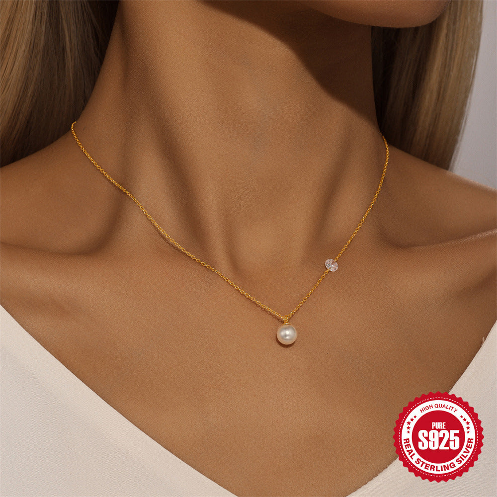 Wholesale S925 Sterling Silver Single Diamond Pearl  Clavicle Chain  Necklace