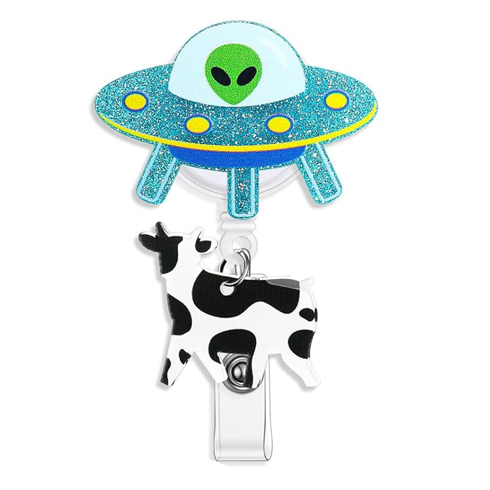 Wholesale Acrylic Glitter Alien Cow Retractable Rotating Badge Keychain ACC-KC-QiDing010