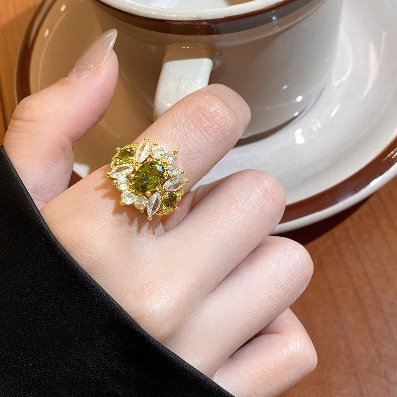 Wholesale Geometric Full Diamond Ring Adjustable Jaw in Silver Olive Green Boutique Jewelry Accessory for Everyday Wear