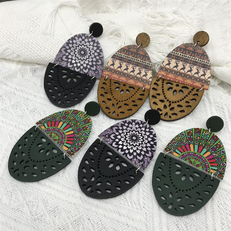 Wholesale Boho Style Cutout Printed Oval Wooden Earrings ACC-ES-FX005