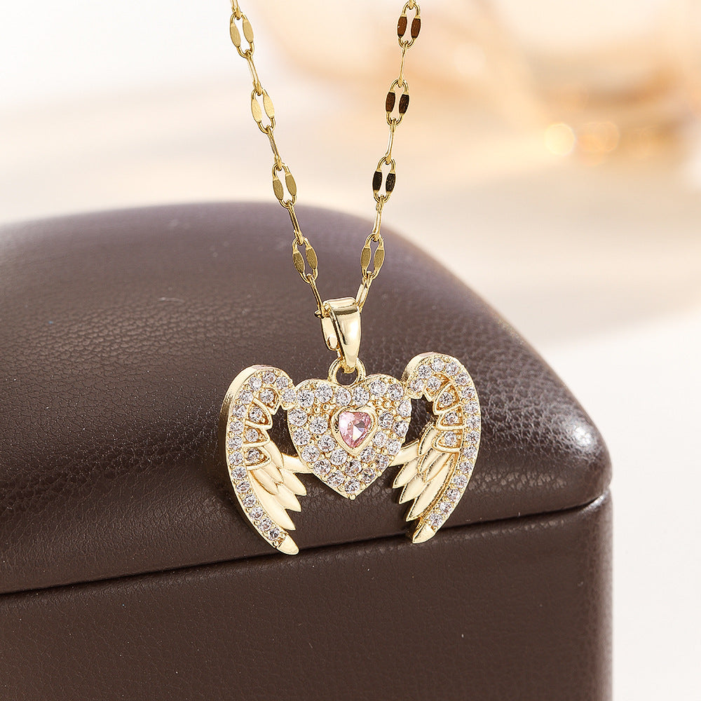 Wholesale Gold Electroplated Moissanite Angel Wing Heart Pendant Necklace For Women Everyday Fashion Jewelry