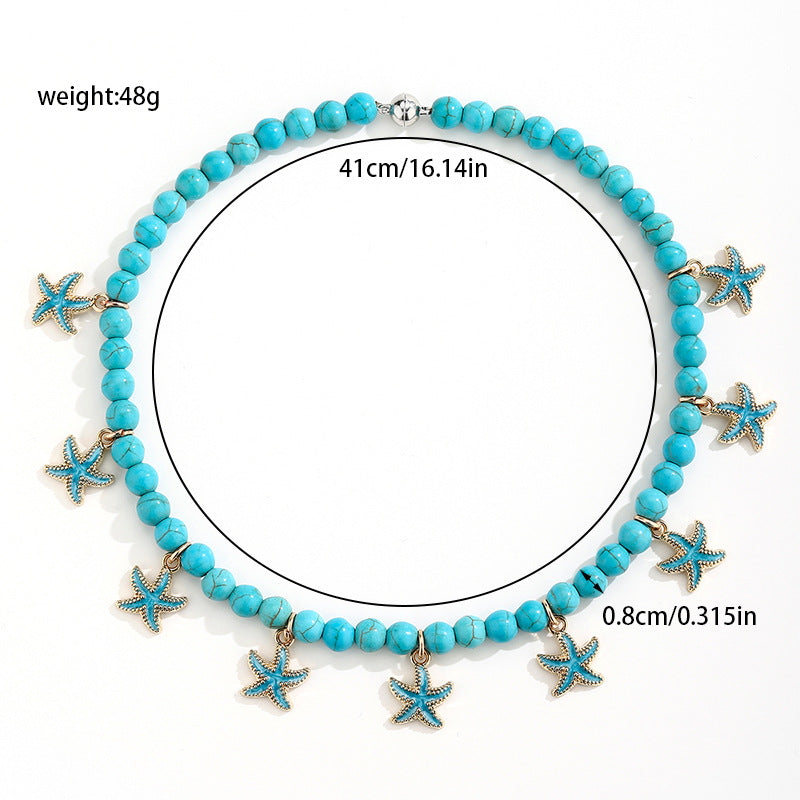 Wholesale Alloy Starfish Pendant Turquoise Magnetic Necklace Beach Style Collarbone Jewelry For Women