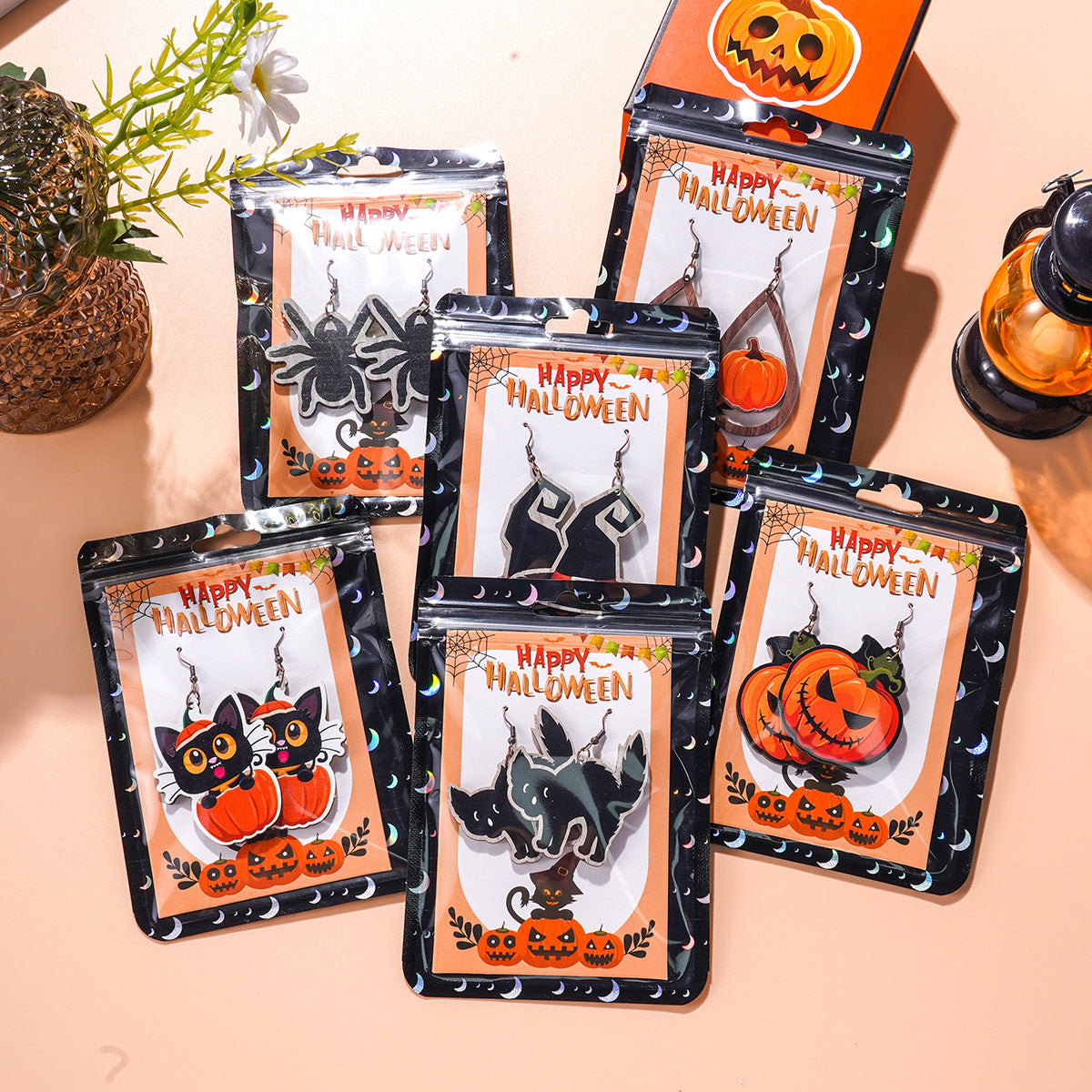 Wholesale Halloween Cartoon Wood Pumpkin Spider Kitten Earrings ACC-ES-Ditong004