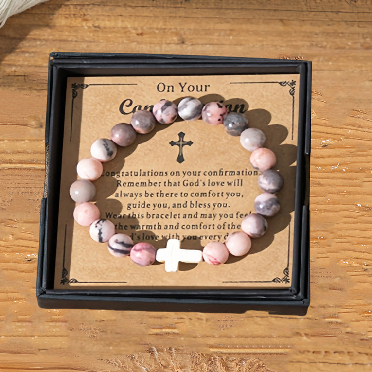 Wholesale jewelry cross pink zebra stone beads bracelet