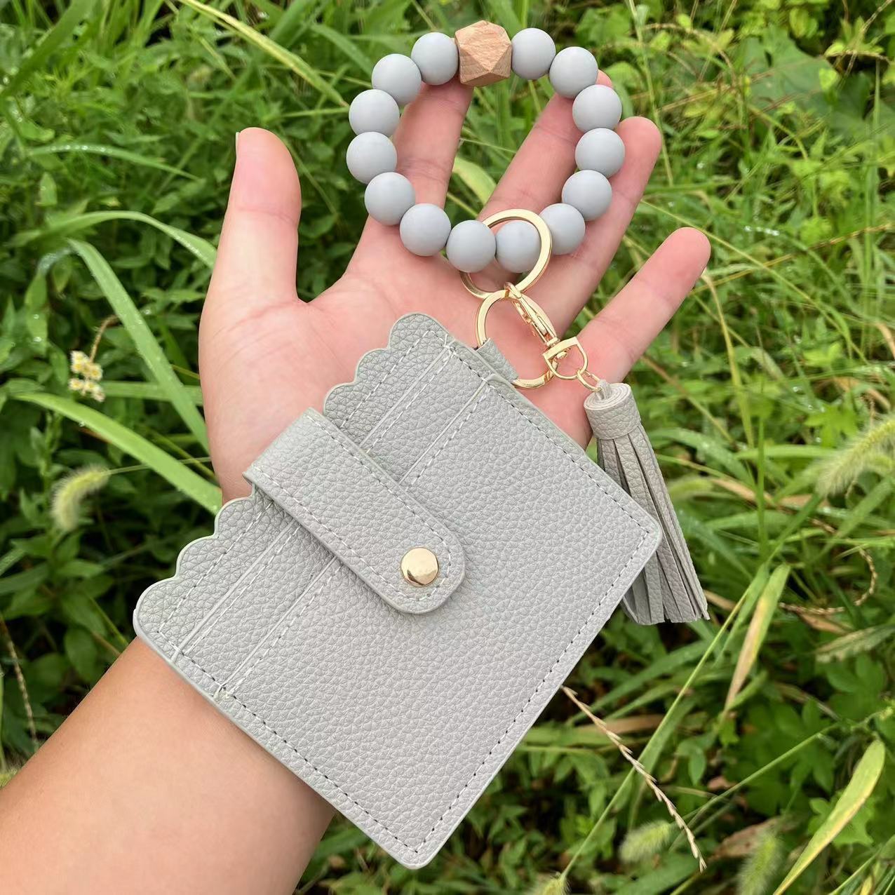 Wholesale Leopard Plaid Butterfly Card Holder Silicone Beaded Wristlet Keychain ACC-KC-QiuXue012