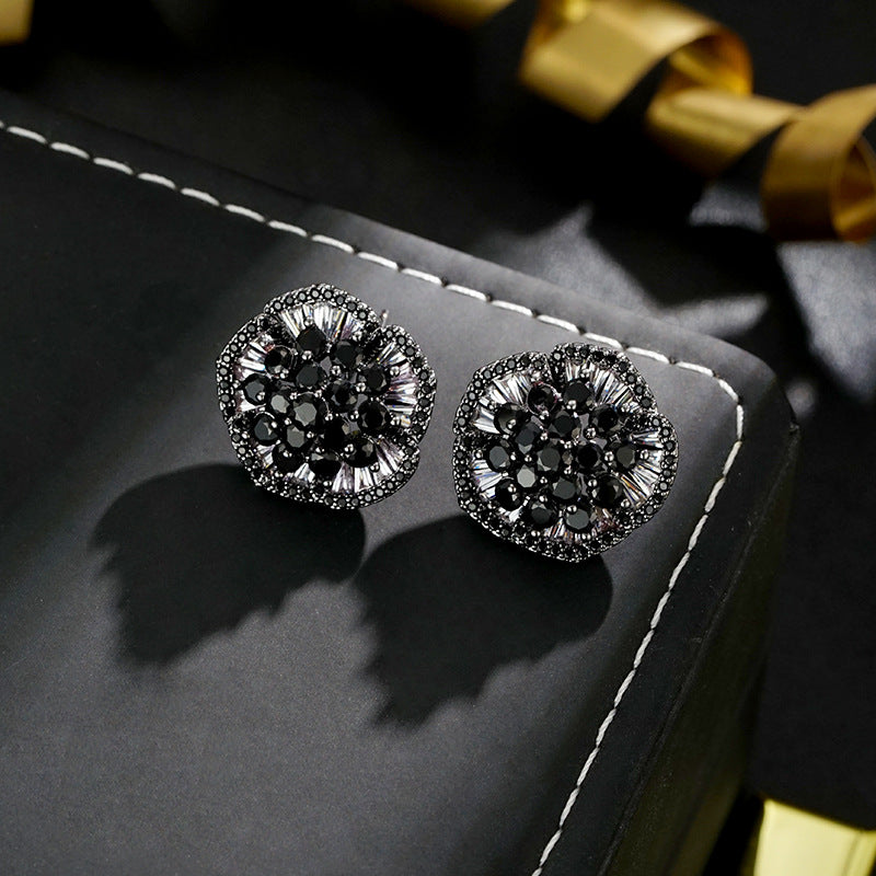 Wholesale Micro-paved Mystical Flower Black Zircon Earrings
