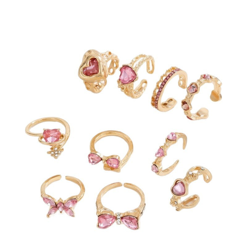 Wholesale Alloy Butterfly Rhinestone Open Ring Set Silver Pink Fashion Jewelry Gift
