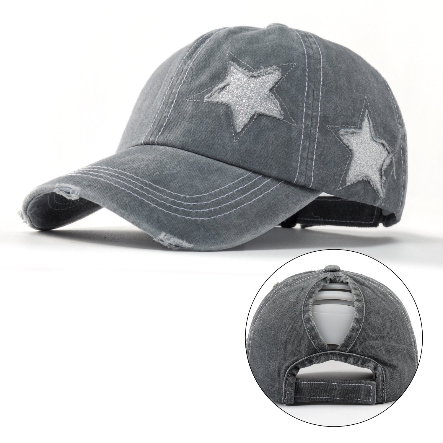 Wholesale Stylish Washed Cotton Baseball Cap Five Point Star Distressed Ponytail Hole Adjustable Curved Brim Black Hat For Casual Use And Resale