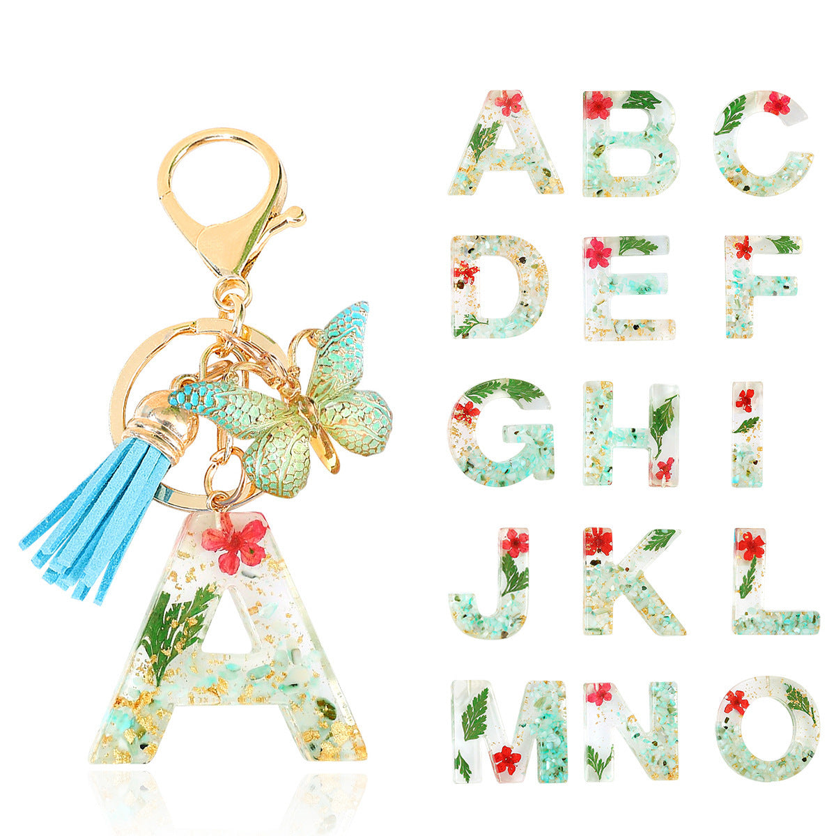 Wholesale green resin butterfly letter keychain