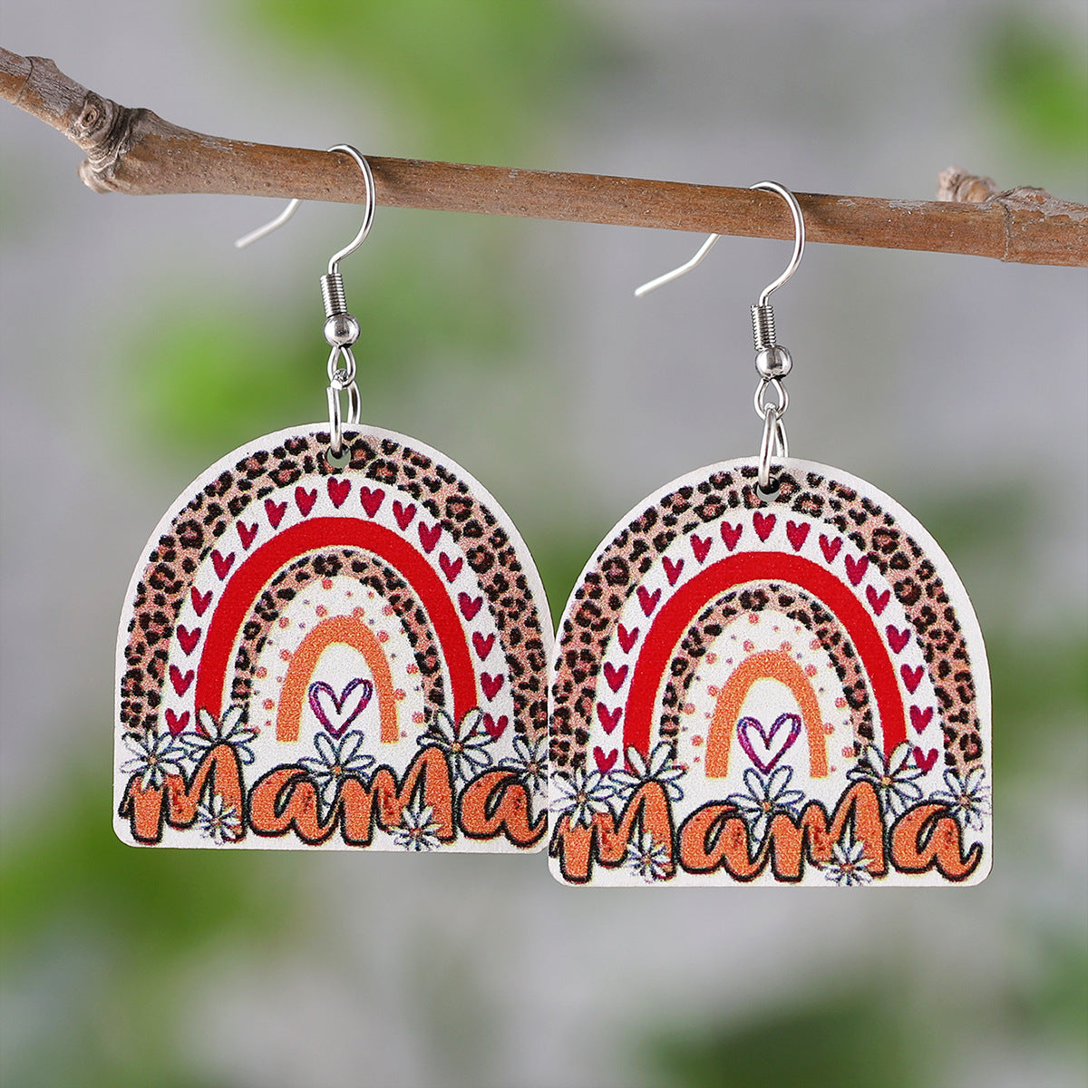 Wholesale Mother's Day MAMA MOM Leopard Sunflower Rainbow Hollow Pendant Wood Earrings ACC-ES-ChuLian094