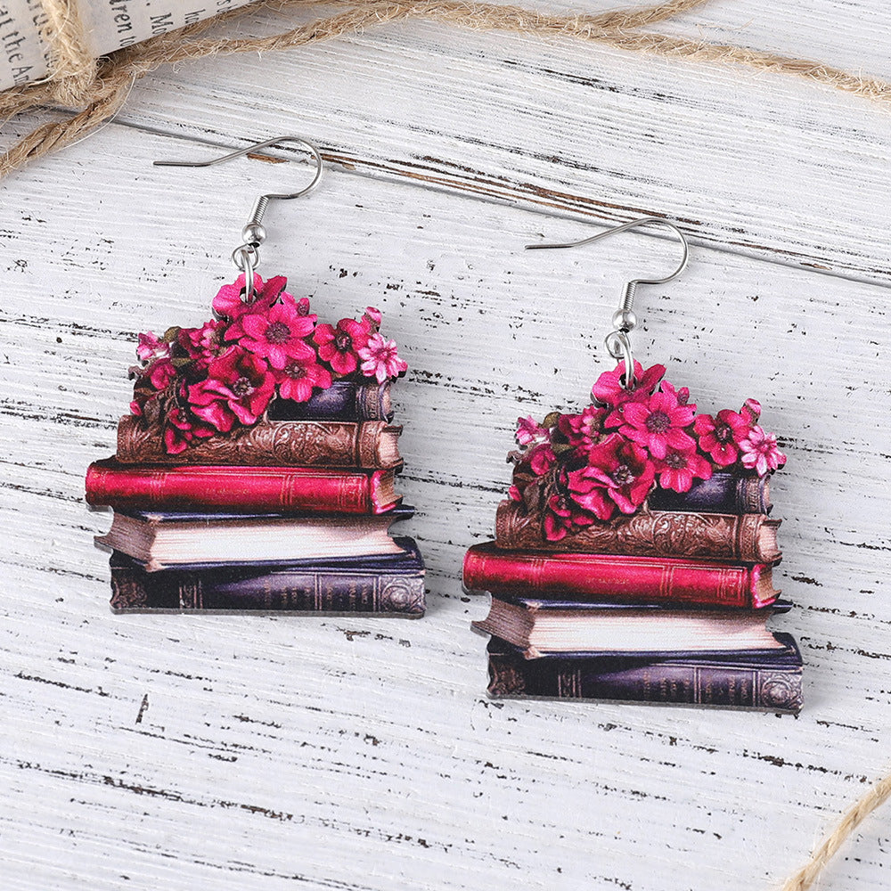 Wholesale School Season Graduation Season Teacher's Day Flower Bow Book  Wooden Double-sided Earrings