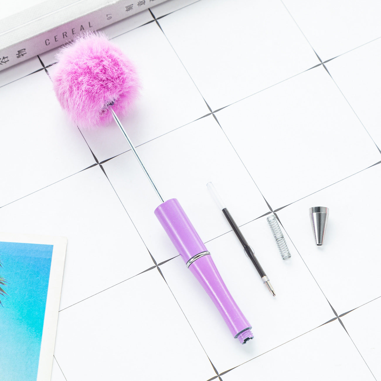 Wholesale Beadable Pens Pom Pom Fuzzy Plastic DIY Beaded Pens Solid Color Pens