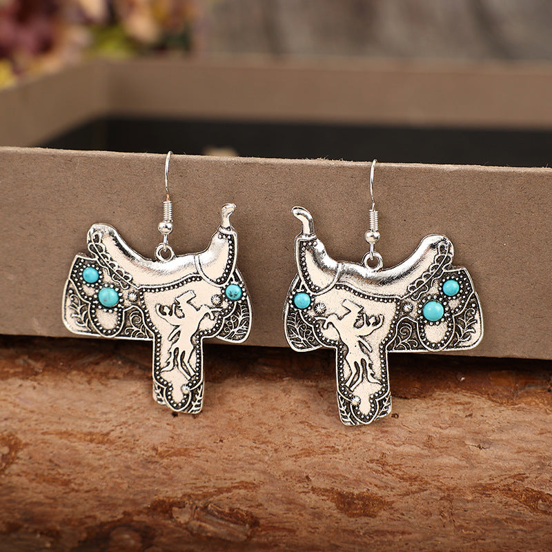 Wholesale Bohemian Western Style Saddle Inlaid Turquoise Vintage Alloy Earrings