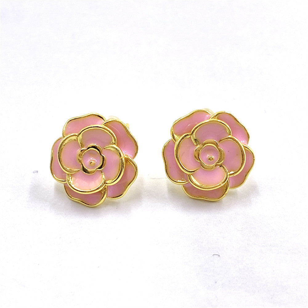 Wholesale Gold-Plated Oil-Drip Rose Earrings