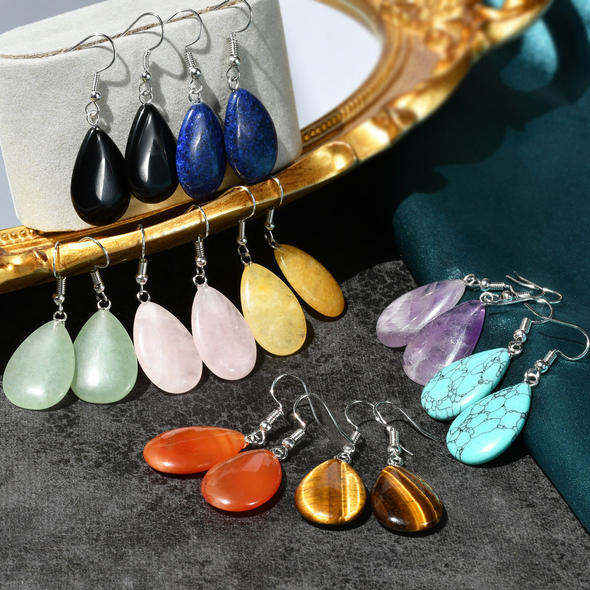 Wholesale Antique Water Drop Natural Stone Earrings - Pink Crystal and Green Aventurine Everyday Jewelry