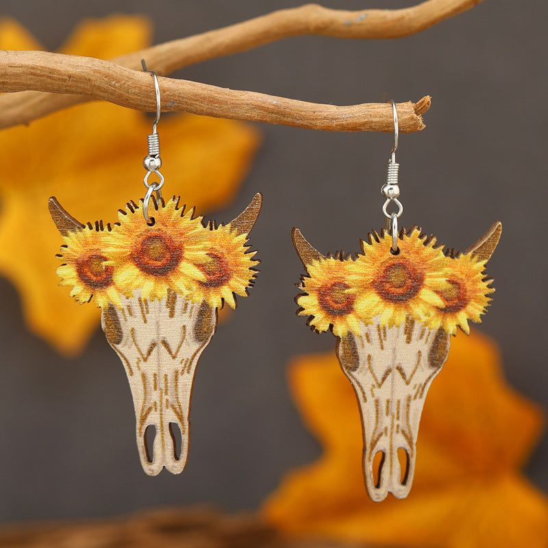 Wholesale Western Wind Cow Head Cow Pattern Leopard Pattern Sunflower Wooden Earrings