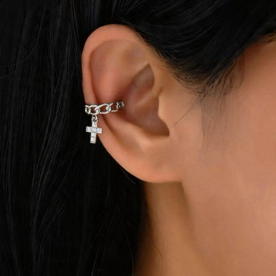 Wholesale Stylish Tassel Cross Ear Clip For Women No Piercing Zircon Ear Cuff Fashion Jewelry Accessory Boutique Resale Gift