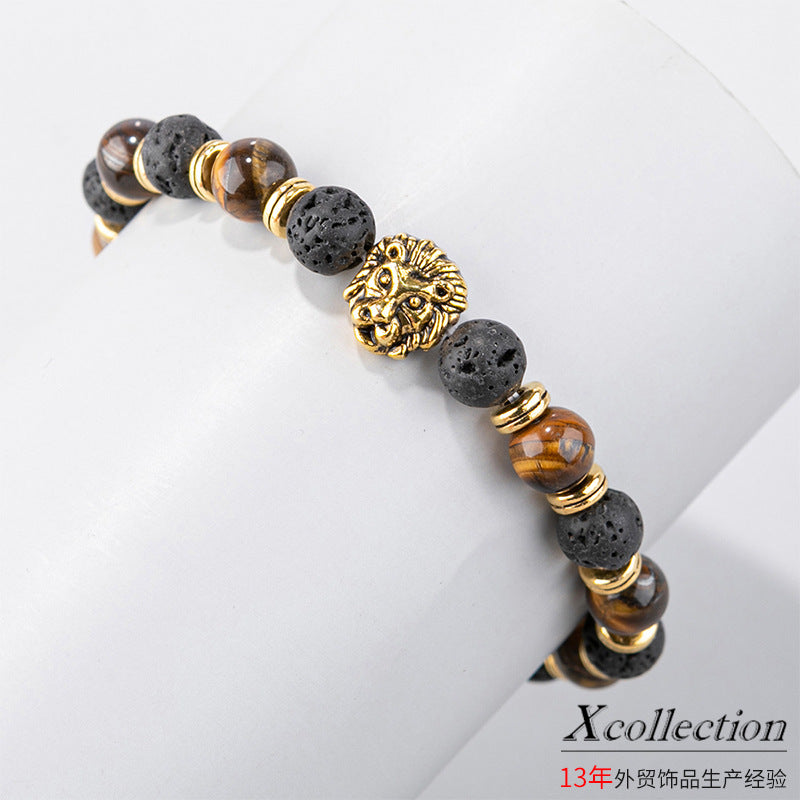 Wholesale lion head elastic tiger eye stone men's bracelet