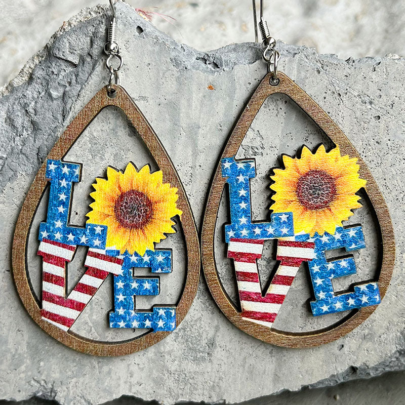 Wholesale wooden hollow water droplets US Independence Day earrings
