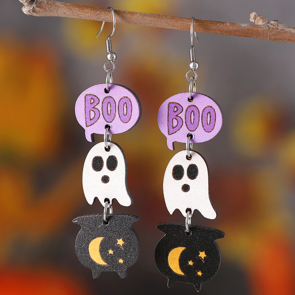 Wholesale Halloween Gothic Style Cute Ghost Tassel Triple Stitching Wooden Earrings ACC-ES-ChuLian059