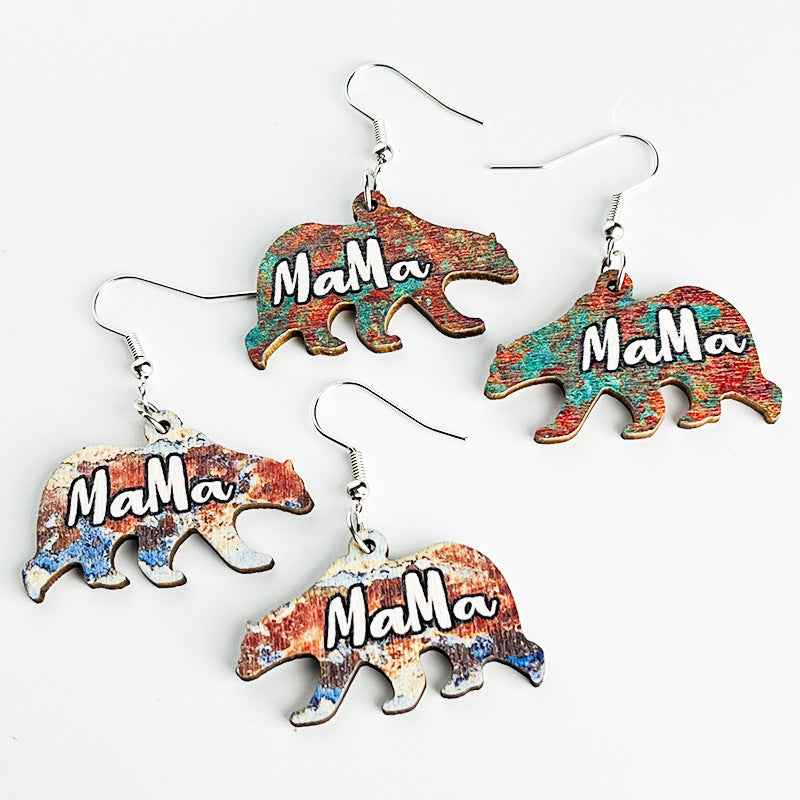 Wholesale 2 pairs/pack Mother's Day MAMA Bear Retro Distressed Wooden Earrings ACC-ES-HY003