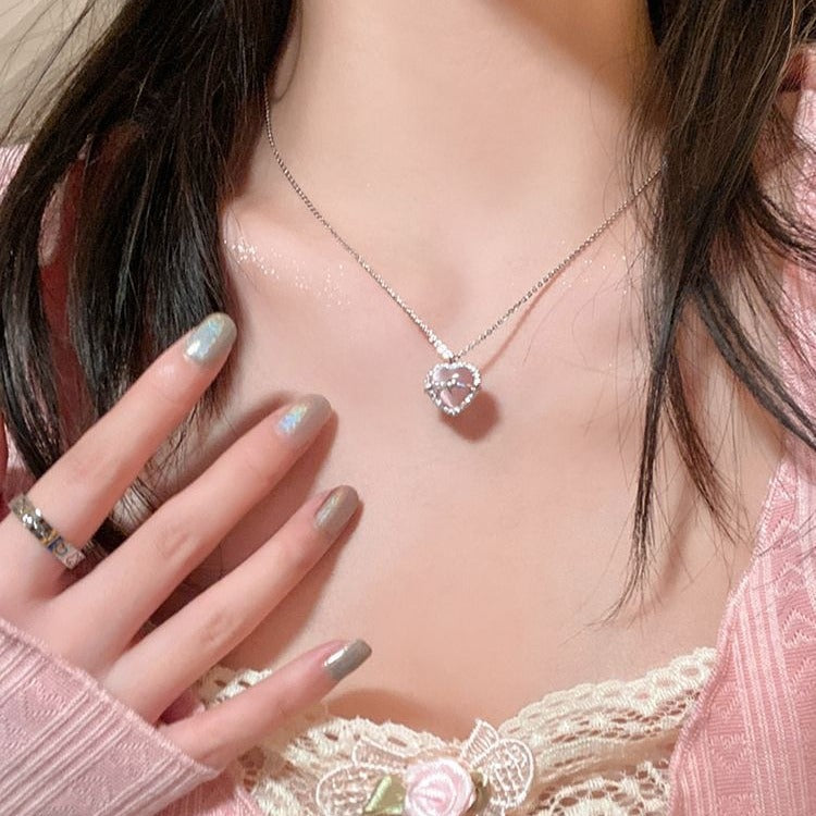 Wholesale Japanese Korean Style Pink Heart Pendant Necklace for Women Fashion Jewelry Accessory