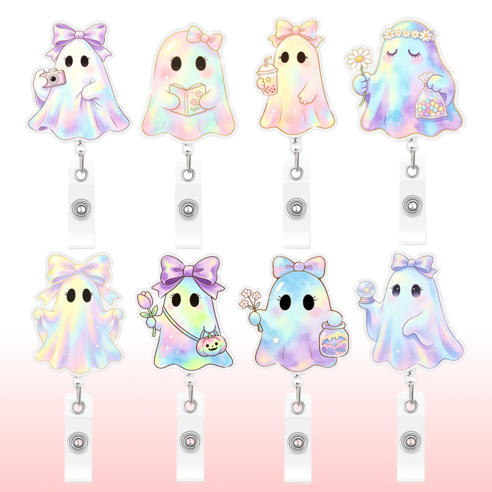 Wholesale Trendy Glitter Boo Ghost Retractable Badge Reel Plastic Car Key Accessory With Gradient Finish Decorative Party Gift