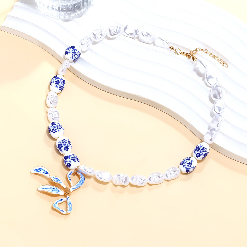 Wholesale Light Luxury Handmade Splicing  Pearl Oil Dripping Bow Pendant Necklace