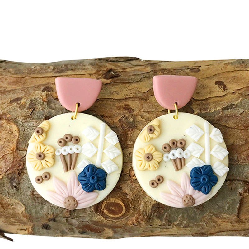 Wholesale Polymer Clay Soft Pottery Exquisite Carved Flower Texture Handmade Earrings ACC-ES-HY081