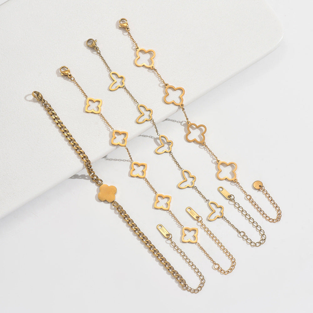 Wholesale Cross-Border Titanium Steel Four-Leaf Clover Lucky Hollow Flower Design Fashionable and Simple Factory Wholesale Direct Sales Bracelet for Women Hot Style