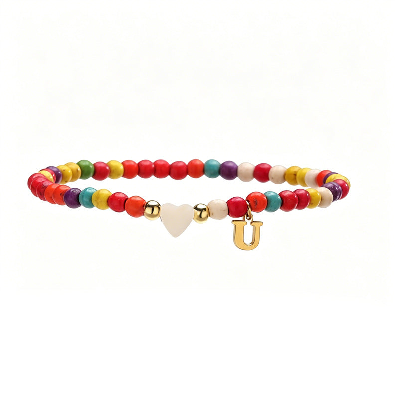 Wholesale Chic 26 Letter Heart Charm Bracelet Turquoise Rice Beads Handmade Women S Jewelry Gift